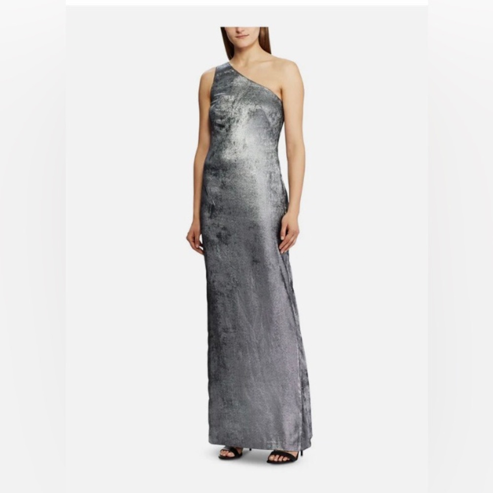 NWT Ralph Lauren sz 8 one shoulder metallic silver dress side slit, side zip